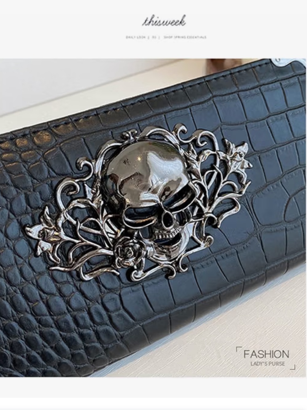 Black Skull-Embellished Croc-Texture Wallet